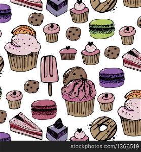 Birthday seamless pattern with sweets - ice cream, donuts, cupcakes, chocolate bar. Birthday seamless pattern with sweets - ice cream, donuts, cupcakes, chocolate bar, candies.