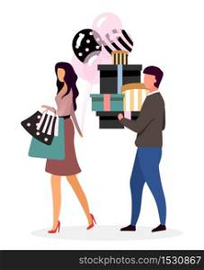 Birthday shopping flat vector illustration. Elegant lady with balloons. Husband and wife buying presents. Sales assistant carries gift boxes for buyer cartoon character. Surprise party for girlfriend