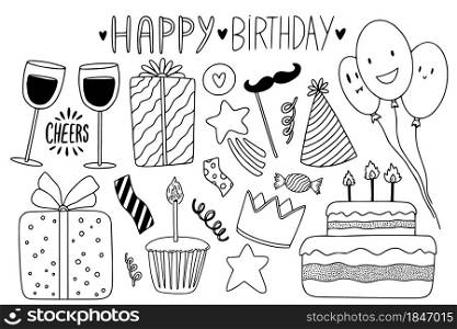 Birthday sketched collection with cute doodle elements. Greeting card outline decoration for happy holidays. Birthday sketched collection with cute doodle elements. Greeting card outline decoration for happy holidays.