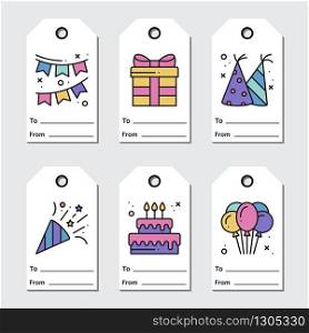 Birthday tags design on white background. Collection of party greeting cards in line style. Cute set for anniversary or birthday. Birthday tags design on white background. Collection of party greeting cards in line style. Cute set for anniversary or birthday.