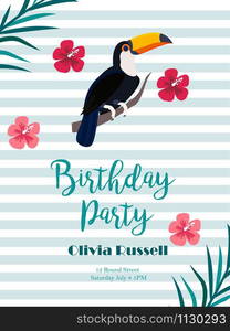 Birthday tropical invitation card with toucan and flowers. Birthday tropical invitation card with toucan and text