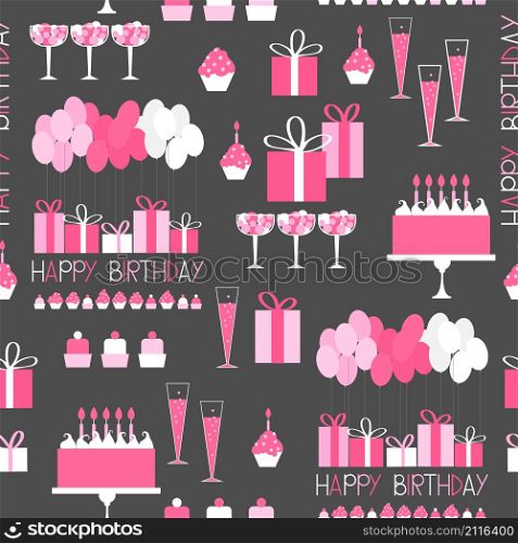Birthday vector seamless pattern with gifts, balloons and cake. Pink colors. . Birthday vector seamless pattern