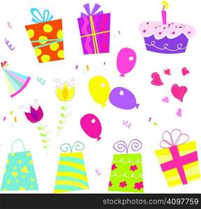 Birthday vector set. Including birthday gifts, flower, cake, ribbon and birthday hat.