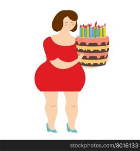 Birthday woman. Fat cheerful girl and cake with candles. Joyful woman and sweets, dessert.&#xA;