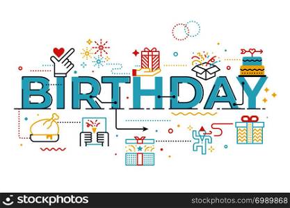 Birthday word lettering illustration with icons for web banner, flyer, landing page, presentation, book cover, article, etc.