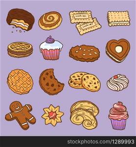 Biscuit icons set. Hand drawn set of biscuit vector icons for web design. Biscuit icons set, hand drawn style