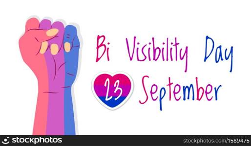 Bisexuality day concept vector. Hand is painted in bisexual pride colors. Heart with pink stripes and 23 September is written. Bi visibility day illustration banner.. Bisexuality day concept vector. Hand is painted in bisexual pride colors. Heart with pink stripes and 23 September is written. Bi visibility day illustration