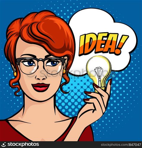Bisiness woman Holds Light Bulb with Speech Bubble IDEA drawn in Pop Art Style. Vector illustration.