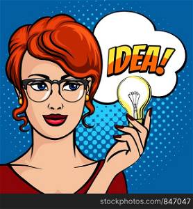 Bisiness woman Holds Light Bulb with Speech Bubble IDEA drawn in Pop Art Style. Vector illustration.