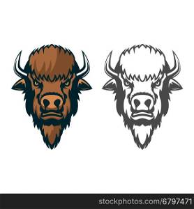 Bison head. mascot. Emblem of the sport team or club, Design element for logo, label, emblem, sign. Vector illustration.