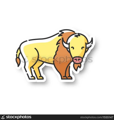 Bison patch. North American fauna, herbivore animal, endangered species. Cattle farm, domestic livestock RGB color printable sticker. Large buffalo vector isolated illustration. Bison patch