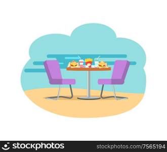 Bistro cafe served table vector, desk with burgers and soda. Beverage in plastic cup, french fries and cheeseburger with cheese in paper packages. Bistro Cafe Served Table with Burgers and Soda