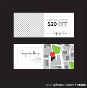 Bistro restaurant Discount voucher card template with photo and map placeholder. Restaurant Discount voucher card template with photo placeholder