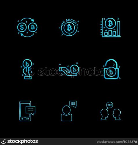 Bit coin , crypto currency , graph , chart , lock , unlock , mobile , chat , conversartion , icon, vector, design, flat, collection, style, creative, icons