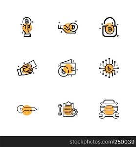 bit coin , crypto currency , ic, wallet , money, car , repairing , clipboard ,key , 9 eps icons set vector ,icon, vector, design, flat, collection, style, creative, icons