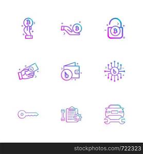 bit coin , crypto currency , ic, wallet , money, car , repairing , clipboard ,key , 9 eps icons set vector ,icon, vector, design, flat, collection, style, creative, icons