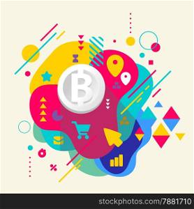 Bit coin on abstract colorful spotted background with different elements. Flat design.