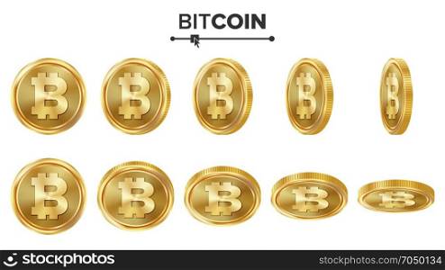 Bitcoin 3D Gold Coins Vector Set. Realistic. Flip Different Angles. Digital Currency Money. Investment Concept. Cryptography Finance Coin Icons, Sign. Fintech Blockchain. Currency Isolated On White. Bitcoin 3D Gold Coins Vector Set. Realistic. Flip Different Angles. Digital Currency Money. Investment Concept. Cryptography Finance Coin Icons, Sign. Fintech Blockchain. Currency Isolated