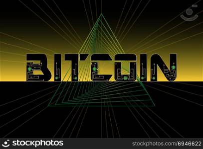 Bitcoin abstract background design with triangle geometric futuristic lines and chip. Banner template. Vector.