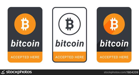 Bitcoin Accepted Here Button. Sticker or badge Bitcoin accepted. Pay with Bitcoin Button. Vector illustration