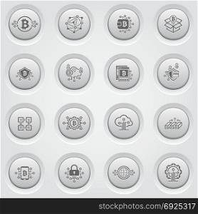 Bitcoin and Blockchain Cryptocurrency Icons.. Blockchain Cryptocurrency Icons. Modern computer network technology sign set. Digital graphic symbol collection. Bitcoin mining. Concept design elements.