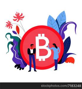 Bitcoin and cryptocurrency improvement and analysis performed by workers vector. Male and female working on coin image, checking it. Blockchain technology and decorative monstera leaves and foliage. Bitcoin and cryptocurrency improvement and analysis by workers vector