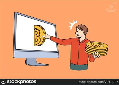 Bitcoin and cryptocurrency profit concept. Smiling man standing and taking out golden bitcoin coins from laptop screen making money vector illustration . Bitcoin and cryptocurrency profit concept.