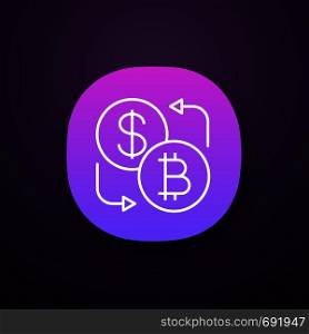 Bitcoin and dollar currency exchange app icon. UI/UX user interface. Cryptocurrency. Web or mobile application. Refund. Vector isolated illustration. Bitcoin and dollar currency exchange app icon