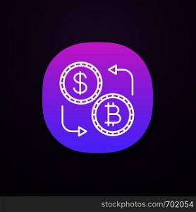 Bitcoin and dollar currency exchange app icon. UI/UX user interface. Cryptocurrency. Refund. Web or mobile application. Vector isolated illustration. Bitcoin and dollar currency exchange app icon