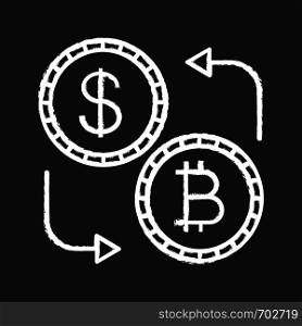 Bitcoin and dollar currency exchange chalk icon. Cryptocurrency. Refund. Isolated vector chalkboard illustration. Bitcoin and dollar currency exchange chalk icon