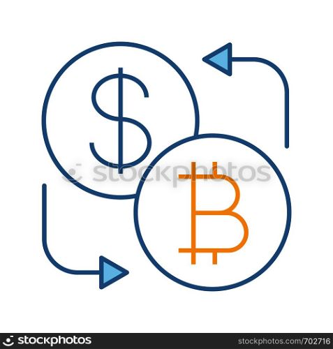 Bitcoin and dollar currency exchange color icon. Cryptocurrency. Refund. Isolated vector illustration. Bitcoin and dollar currency exchange color icon