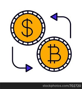 Bitcoin and dollar currency exchange color icon. Cryptocurrency. Refund. Isolated vector illustration. Bitcoin and dollar currency exchange color icon