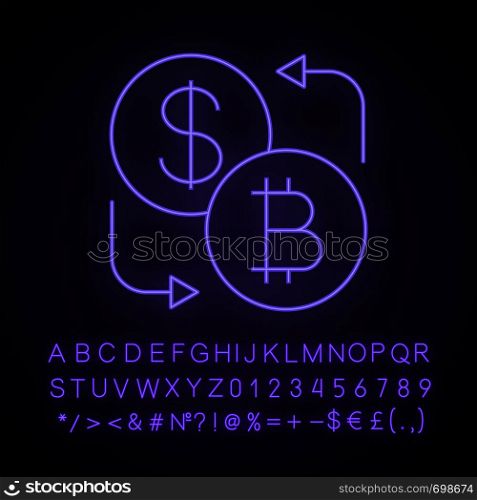 Bitcoin and dollar currency exchange neon light icon. Cryptocurrency. Glowing sign with alphabet, numbers and symbols. Refund. Vector isolated illustration. Bitcoin and dollar currency exchange neon light icon