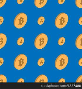 Bitcoin and Etherium Cryptocurrency Seamless Pattern. Yellow Signs on Blue Background. Mining or Blockchain Technology for Cryptocurrency Concept. E-Commerce, Investment Isometric Vector Illustration.. Bitcoin, Etherium Cryptocurrency Seamless Pattern.