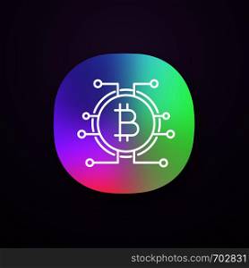 Bitcoin app icon. Virtual currency. Online banking. UI/UX user interface. Bitcoin payment. Contour symbol. Microchip pathways with coin inside. Web or mobile application. Vector isolated illustration. Bitcoin app icon