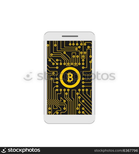 Bitcoin, BTC, CryptoCurrency, Concept of Mining Digital Money, Bit-Coin and Mobile Phone. Bitcoin, BTC, CryptoCurrency, Concept of Mining Digital Money, Bit-Coin and Mobile Phone - Illustration Vector