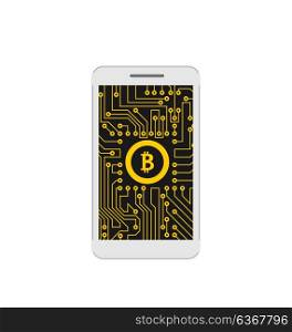 Bitcoin, BTC, CryptoCurrency, Concept of Mining Digital Money, Bit-Coin and Mobile Phone. Bitcoin, BTC, CryptoCurrency, Concept of Mining Digital Money, Bit-Coin and Mobile Phone - Illustration Vector