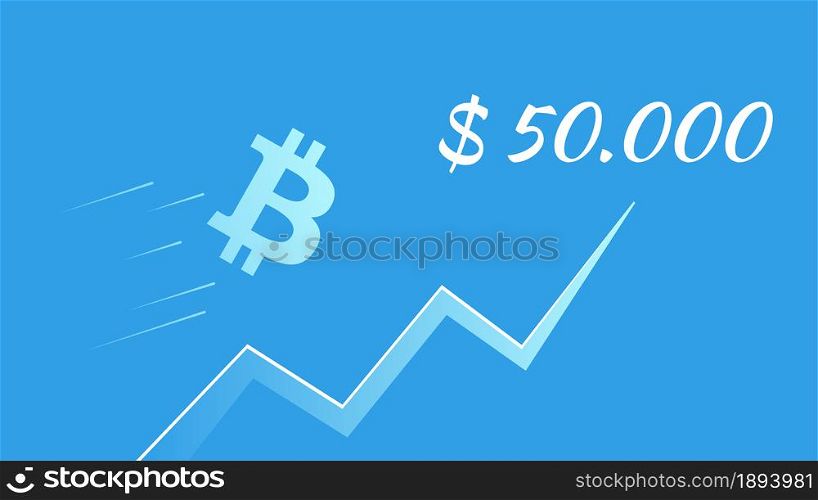 Bitcoin BTC flies towards 50000 dollars on blue background. Upward trend arrow. Vector illustration for news.