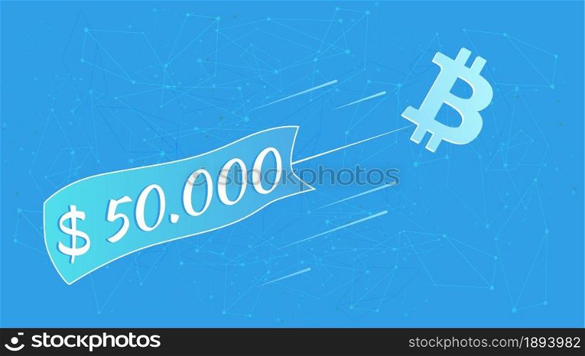 Bitcoin BTC flies with sticker 50000 dollars on blue abstract polygonal background. Vector illustration for news.