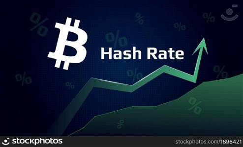 Bitcoin BTC hash rate has increase. Bitcoin symbol with green up arrow. Mining power has grown. Vector illustration.