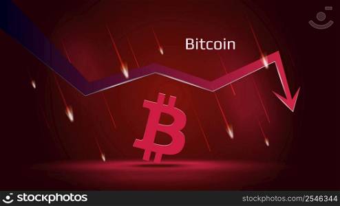 Bitcoin BTC in downtrend and price falling down on dark red background. Cryptocurrency coin symbol and red down arrow with falling meteors. Trading crisis and crash. Vector illustration.. Bitcoin BTC in downtrend and price falling down on dark red background. Cryptocurrency coin symbol and red down arrow with falling meteors. Trading crisis and crash.