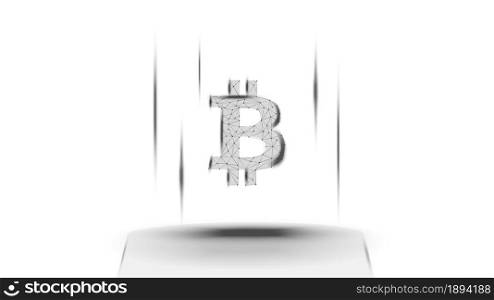 Bitcoin BTC token symbol above the pedestal on white background. Cryptocurrency logo icon. Vector illustration for website or banner.
