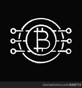 Bitcoin chalk icon. Virtual currency. Online banking. Bitcoin payment. Contour symbol. Microchip pathways with coin inside. Isolated vector chalkboard illustration. Bitcoin chalk icon