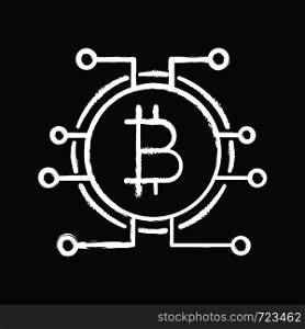 Bitcoin chalk icon. Virtual currency. Online banking. Bitcoin payment. Contour symbol. Microchip pathways with coin inside. Isolated vector chalkboard illustration. Bitcoin chalk icon