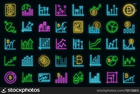 Bitcoin chart icons set. Outline set of bitcoin chart vector icons neon color on black. Bitcoin chart icons set vector neon