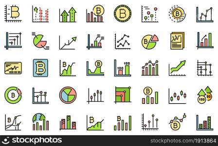 Bitcoin chart icons set. Outline set of bitcoin chart vector icons thin line color flat isolated on white. Bitcoin chart icons set line color vector