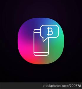 Bitcoin chat app icon. UI/UX user interface. Web or mobile application. Cryptocurrency forum. Smartphone with bitcoin sign inside speech bubble. Crypto currency news. Vector isolated illustration. Bitcoin chat app icon