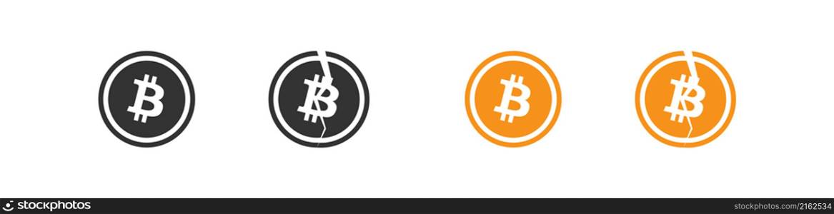 Bitcoin coin icon in black and flat style. Break cryptocurrency button. Vector isolated illustration