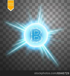 Bitcoin coin over blue explosion background with glitters stars and sparkles on transparent background. Bitcoin coin over blue explosion background with glitters stars and sparkles on transparent background. Vector