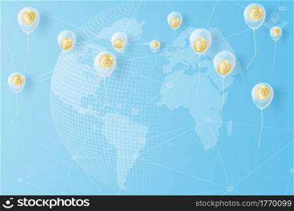 Bitcoin coin sign hanging with golden yellow balloon, concept and paper art idea. Bitcoin paper craft float with balloons on blue worlds map background, cryptocurrency concept banner web, illustration